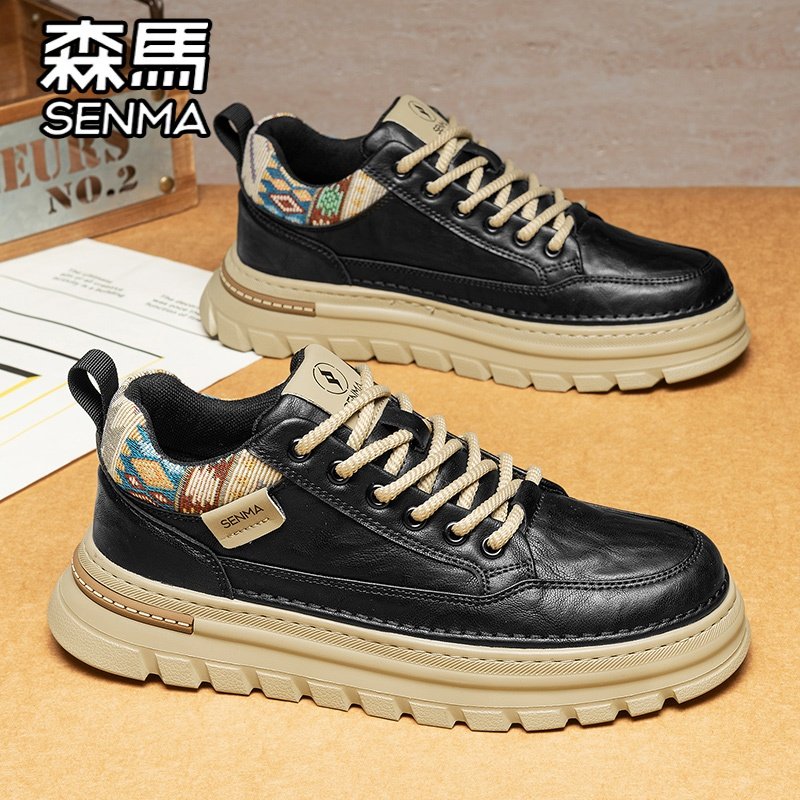 森马男鞋春季百搭男士运动休闲板鞋防水耐磨真皮皮鞋黑色工装潮鞋