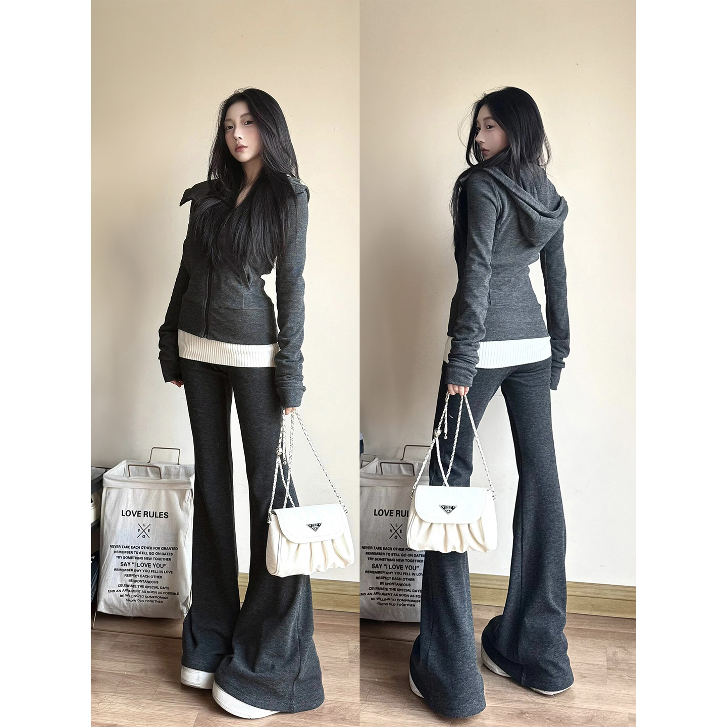 灰色连帽套装女秋季2025新款修身收腰韩系时尚减龄运动风休闲裤子