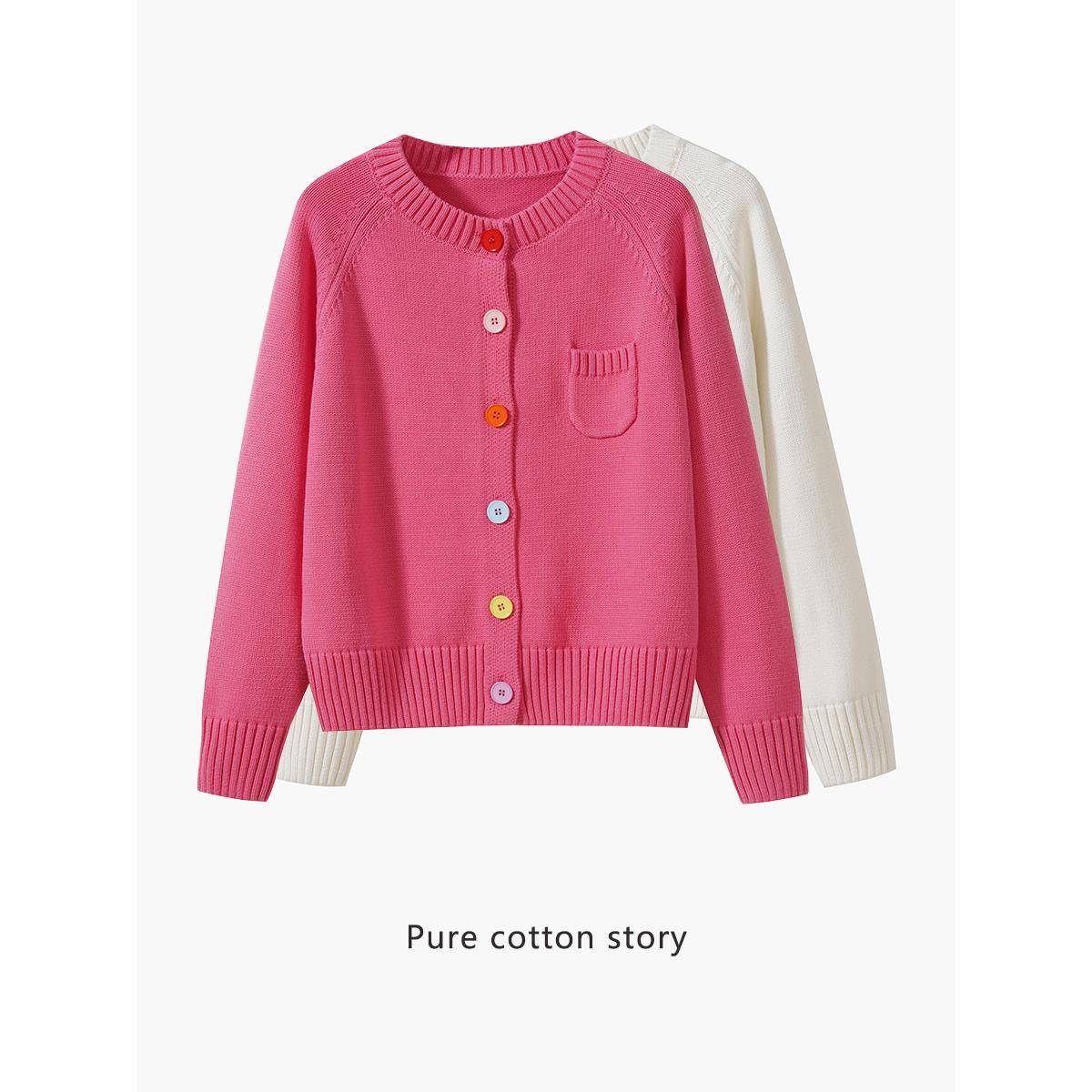 彩扣粗线 100%棉圆领开衫女士毛衣外套春秋外搭针织衫上衣 宽松型