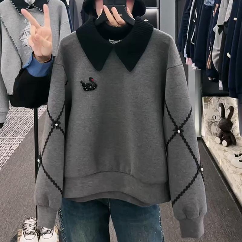 小众设计气质烫钻天鹅卫衣女装2025新款春秋时尚宽松减龄长袖上衣