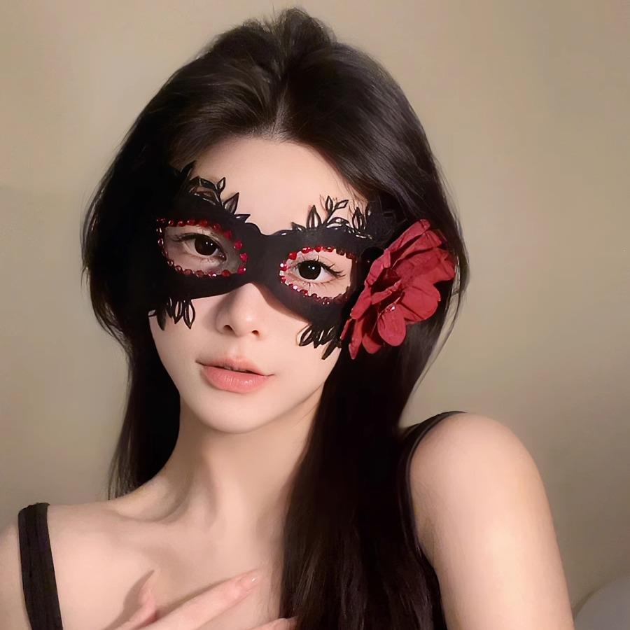 黑色花朵半脸面具女生眼罩蕾丝面罩cos晚会假面舞会装扮万圣节