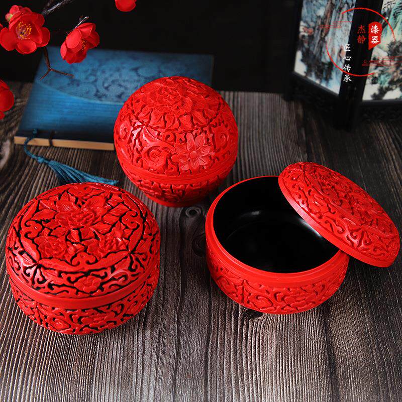 特色漆器4.5寸高庄盒漆雕首饰盒雕漆民间工艺品漆器小礼品糖缸