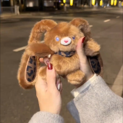 潮流时尚豹纹抽拉兔毛绒玩偶