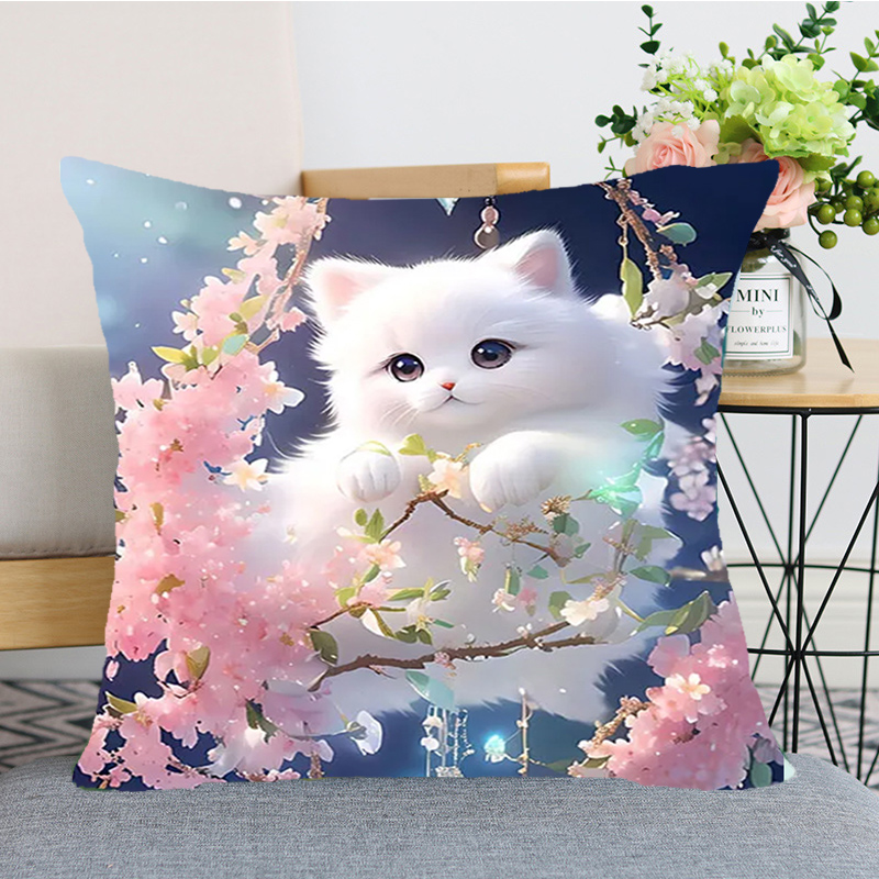 白色猫咪抱枕十字绣新款diy线绣D卧室床头靠枕桃花小件印花自己绣