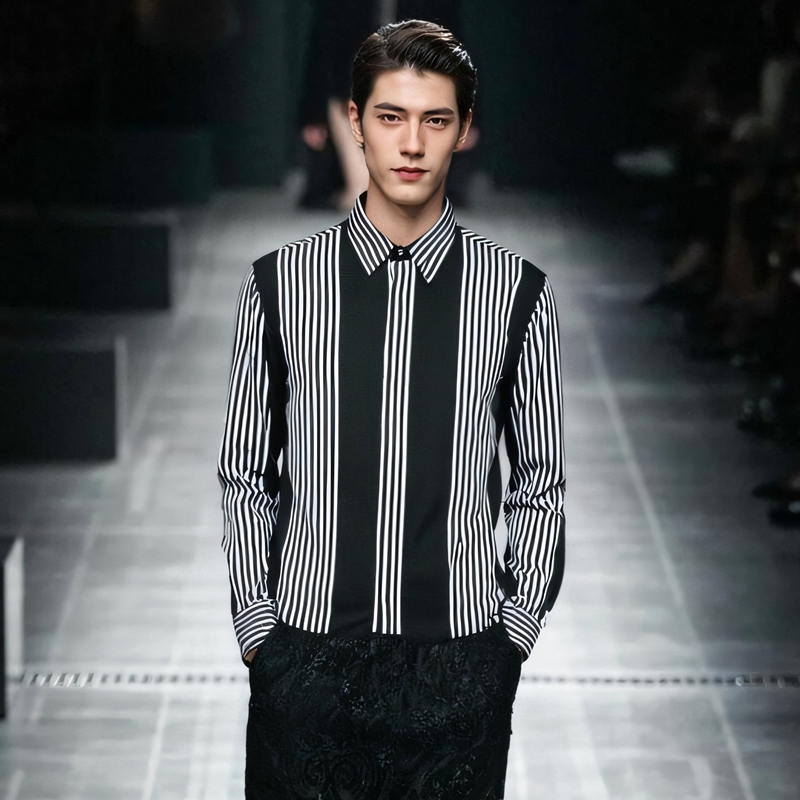 条纹长袖衬衫纯棉休闲潮流修身秋