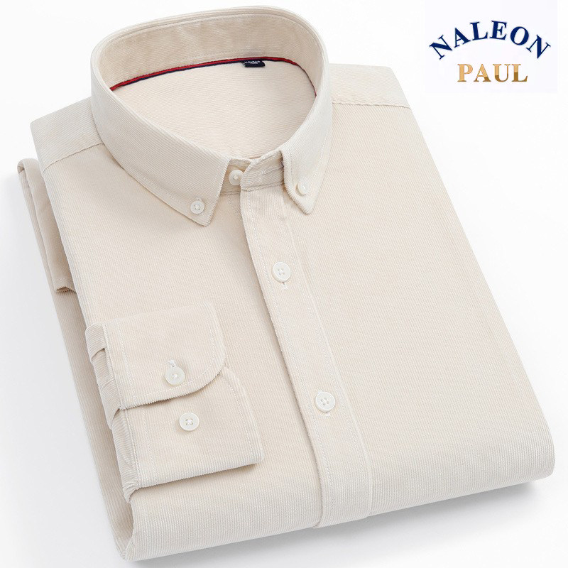 保罗纯棉条绒长袖衬衫男士灯芯绒中青年百搭时尚春秋全棉休闲衬衣