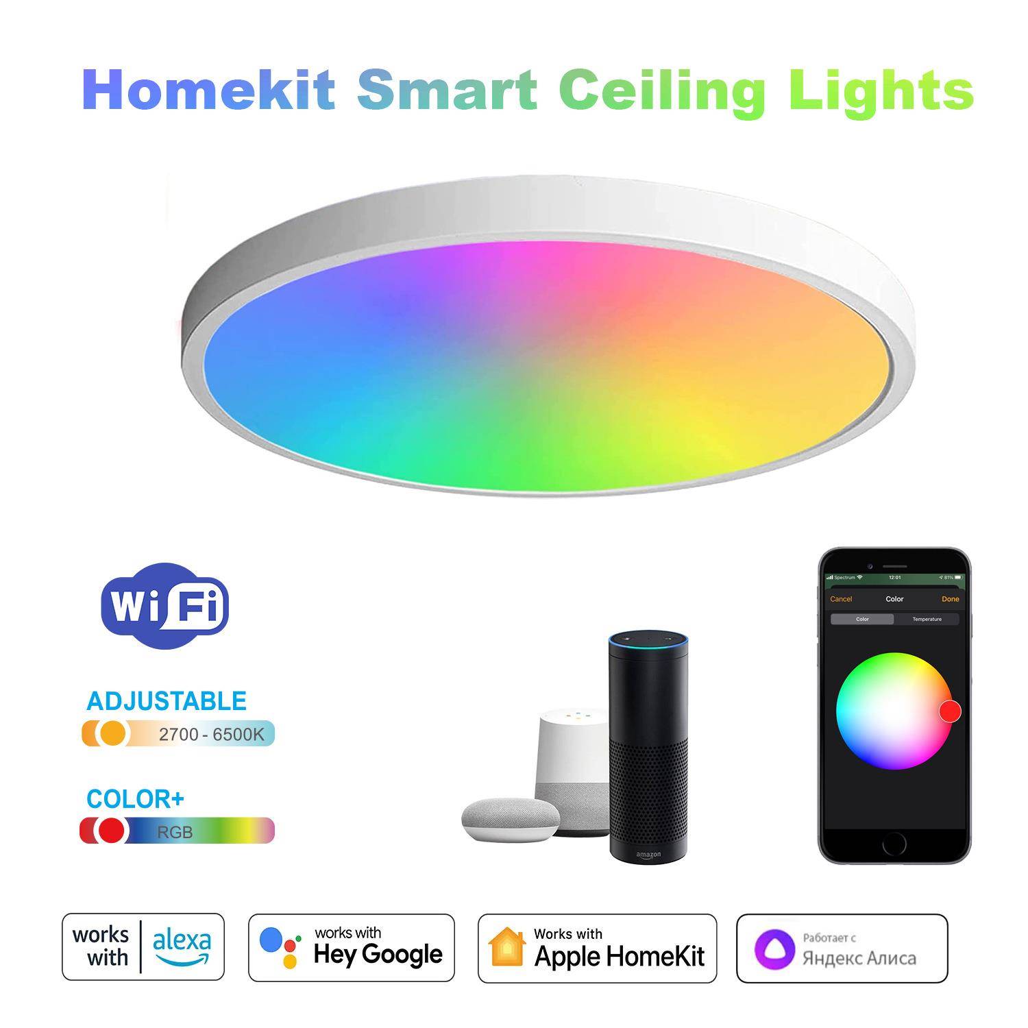 Homekit智能Wifi吸顶灯APP扫码直连远程Alexa语音控制定时开关24W