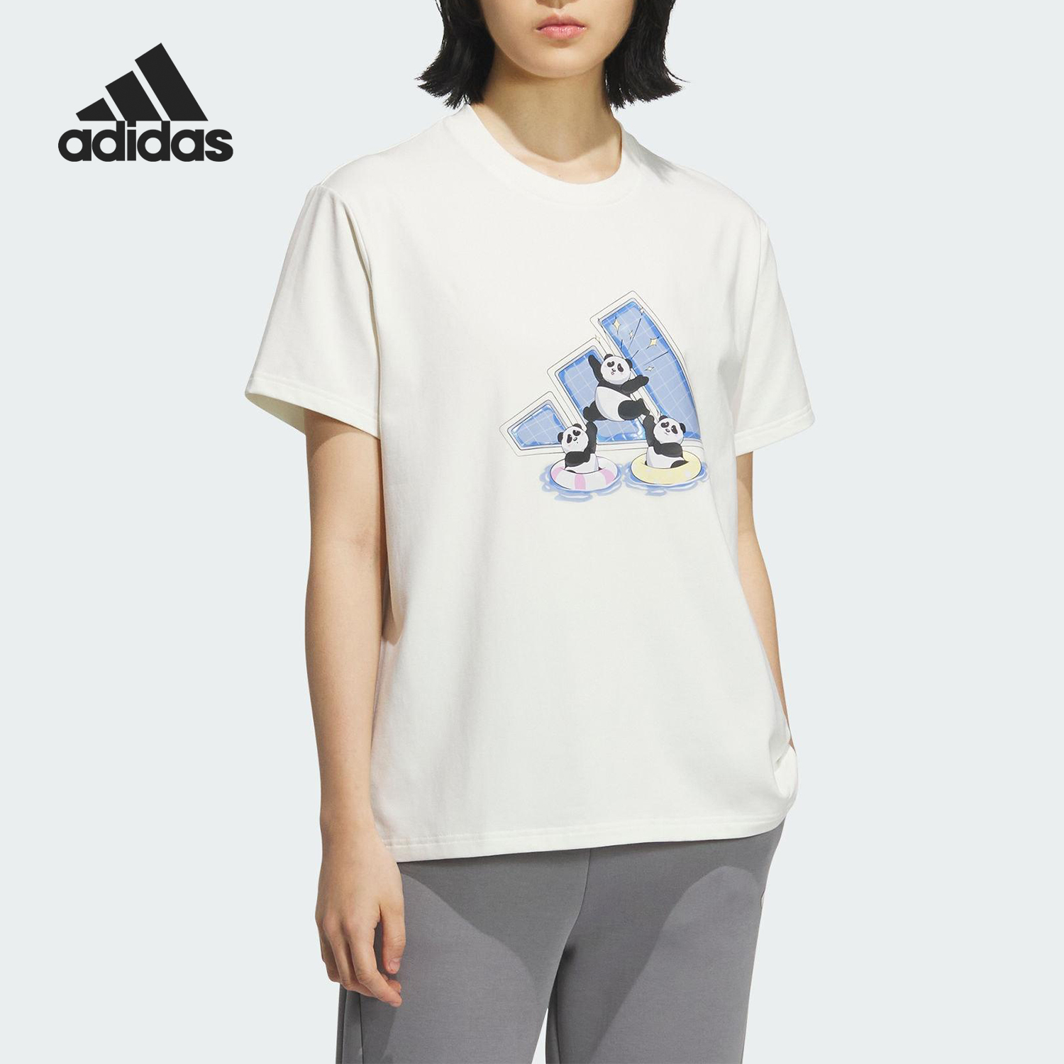 Adidas/阿迪达斯正品2025女士印花图案休闲针织短袖KC0970