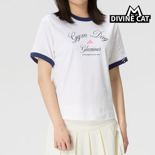 Adidas/阿迪达斯正品VERBIAGE新款女白蓝色撞色经典短袖T恤KB7196