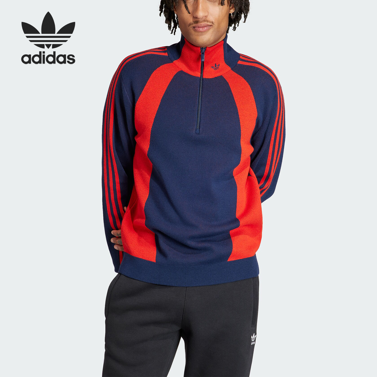 Adidas/阿迪达斯正品三叶草男士复古拼色半拉链套头衫IR7128