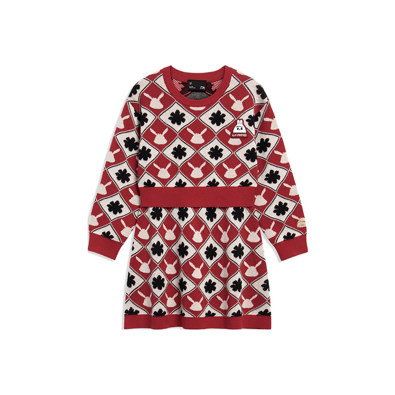 Lining/李宁正品春季新款女童休闲宽松针织圆领长袖连衣裙YSKT002