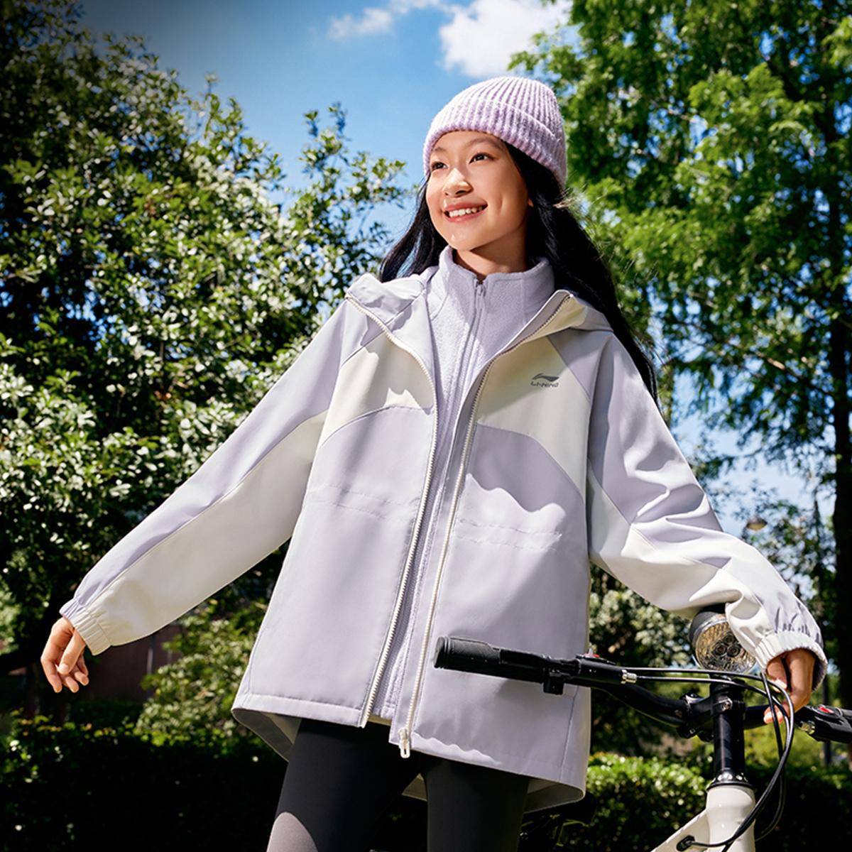 李宁正品冬季新款女大童加绒保暖反光宽松三合一运动风衣YWBV096