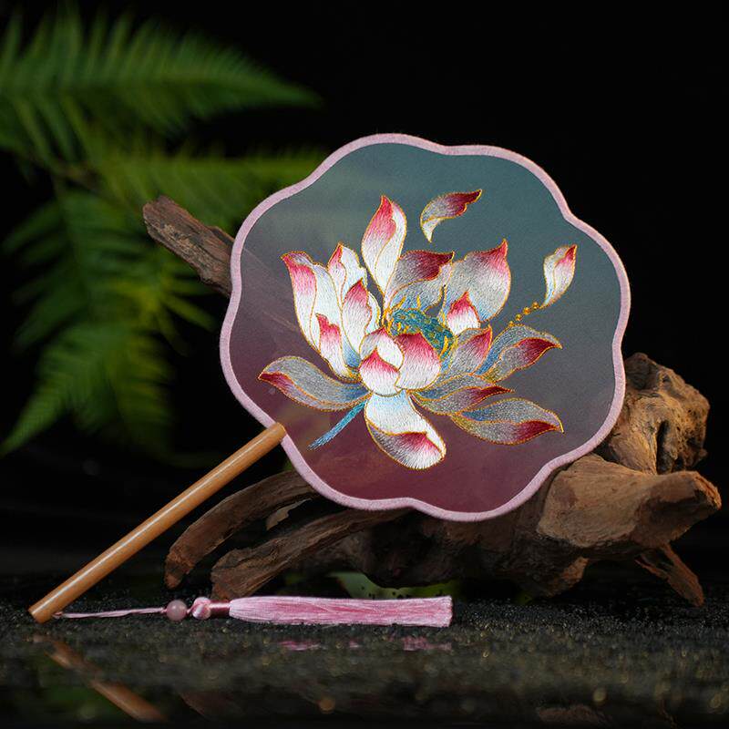 【154郊荷花】苏绣面绣团扇游00526双半透绣花扇子儿明童古风走秀