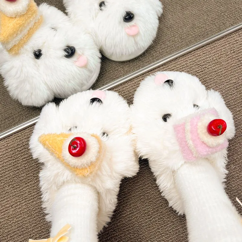 秋冬女款居家拖鞋毛毛蛋糕吐舌