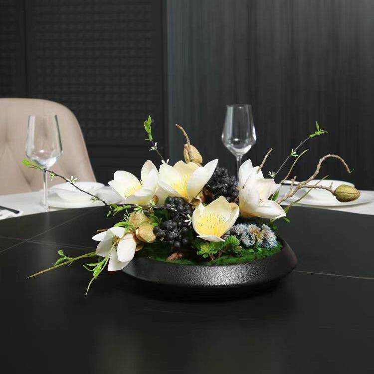 新中式仿真摆件花店餐桌花摆花陶瓷盘假花花摆设餐酒厅DFQ转盘圆