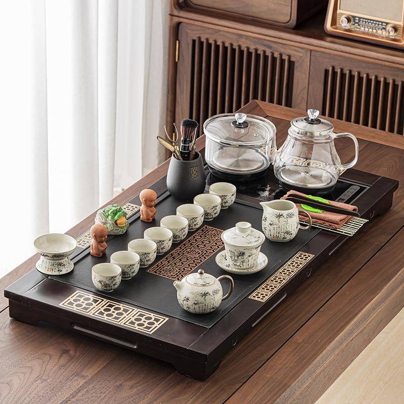 加装实木茶盘水茶具厚套家用一体大茶台烧壶底大套组新部自动上水