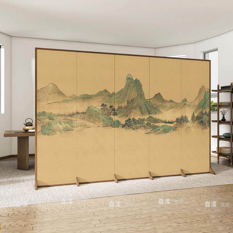 新中现风代简约古典山水屏折移动办公室叠式实VDD木隔断屏风客厅