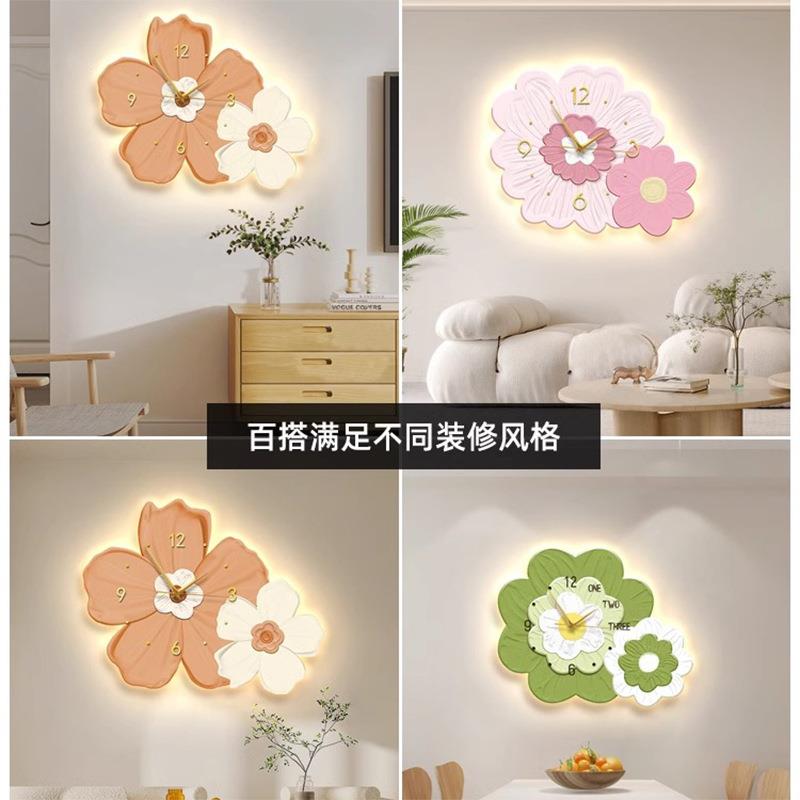 小清新客厅钟表装饰画壁eTDT花d发光画灯l奶油风餐厅时钟挂墙卉挂