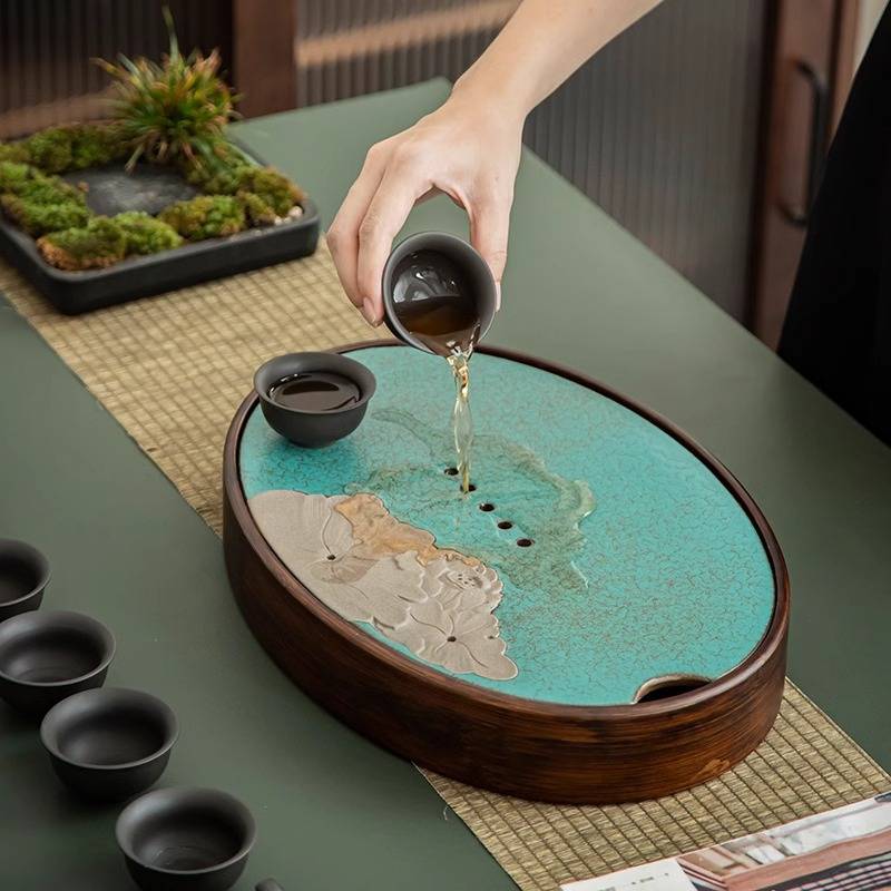简约日式干泡茶盘重竹茶台储水酒店客房泡茶茶台家用储水陶瓷托盘