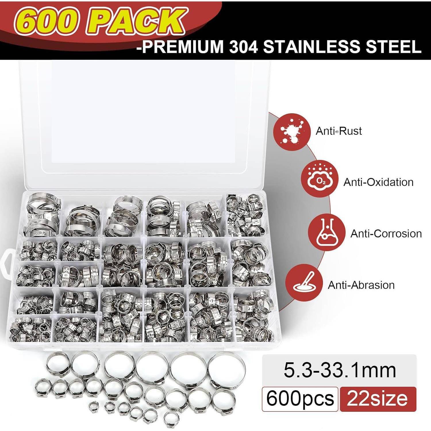 600PCS盒装304箍不锈钢单耳无软极卡喉箍管夹5.3-33.AAO1mm