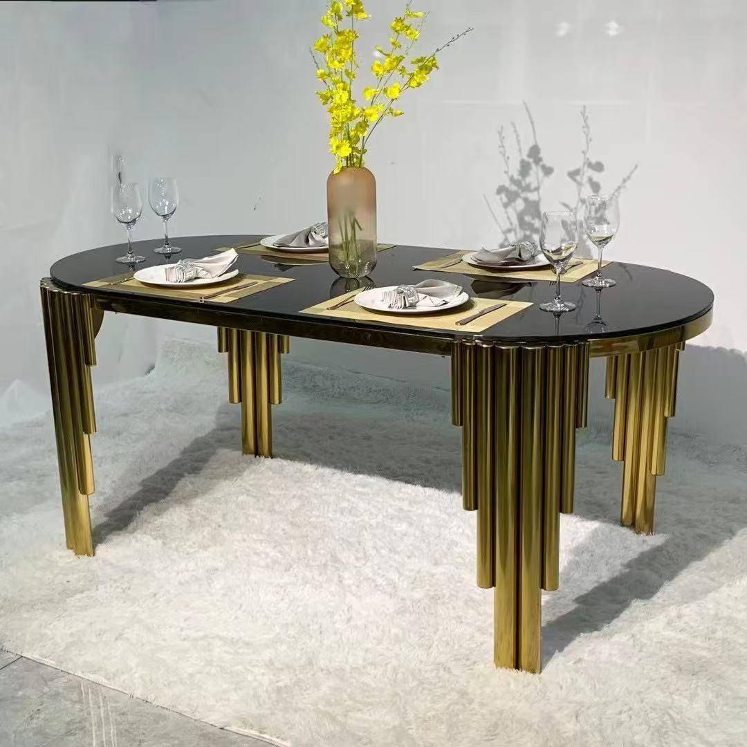 出轻奢不锈多管餐桌口钢餐方桌椅厅组合现代简约大理石客桌子长形