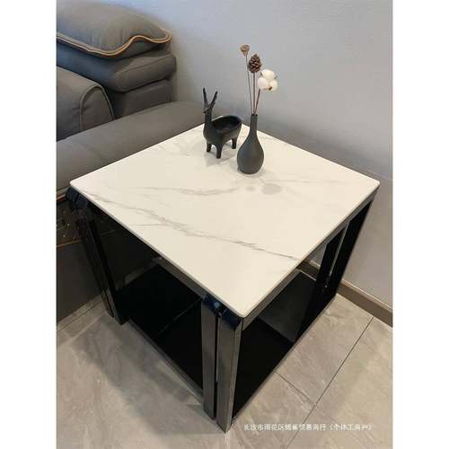简轻几奢黑色锈钢约岩板角几不现代茶几沙发边PUC柜大理石边几方