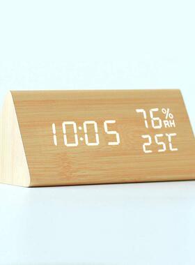 日式木质闹钟头复钟头古木纹时钟静音夜光木湿度客厅JFV卧室床钟