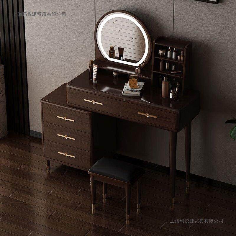 新中式实木梳妆台卧室现代简化桌台灯收纳妆674柜伸约带缩书桌化