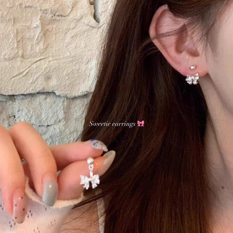 甜美锆石蝴蝶结后挂式耳钉小众设计超闪独特耳环高级感银针耳饰女