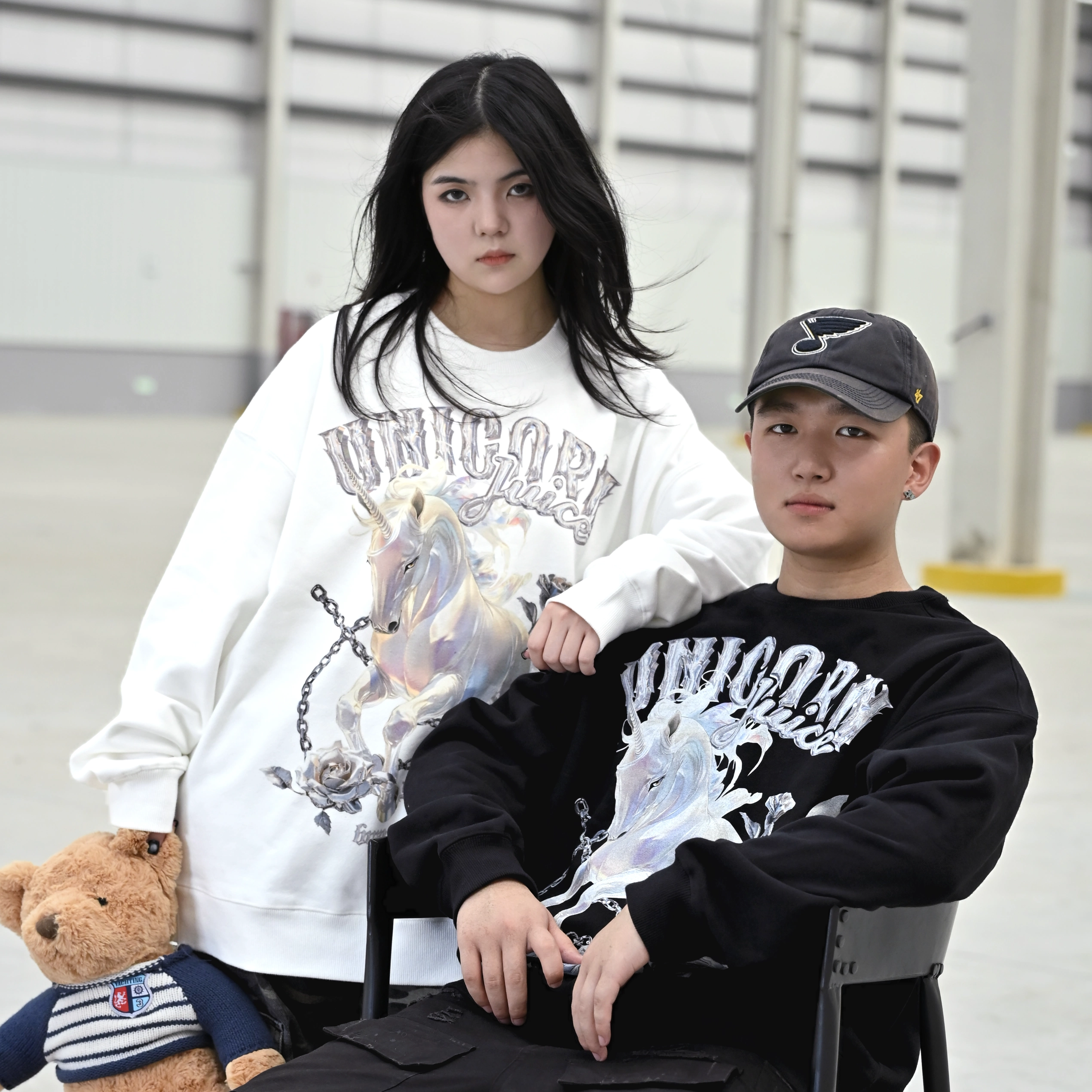 JuiceUnicorn原创金属玫瑰独角兽长袖复古印花男女重磅圆领卫衣