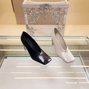 范戈希跟7cm牛皮细跟极简风高跟鞋 买1赠3 方头百搭通勤气质单鞋