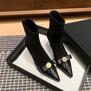 范戈希跟高7CM尖头弹力靴法式日常红色复古短靴尖头高跟买1赠3