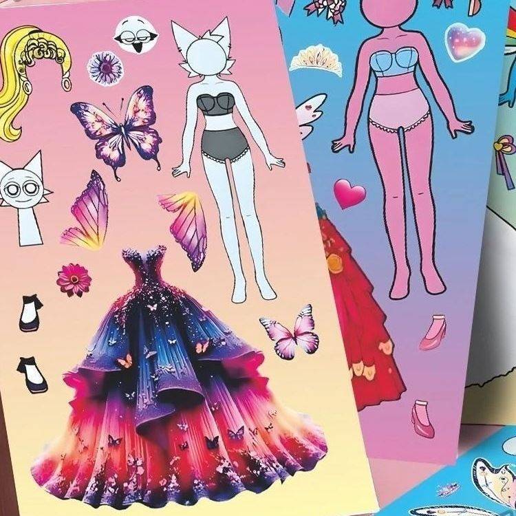 【天猫正品】女生公主女孩贴纸书益智换装画8张节奏盒子sprunki新款裙创意游戏拼贴贴