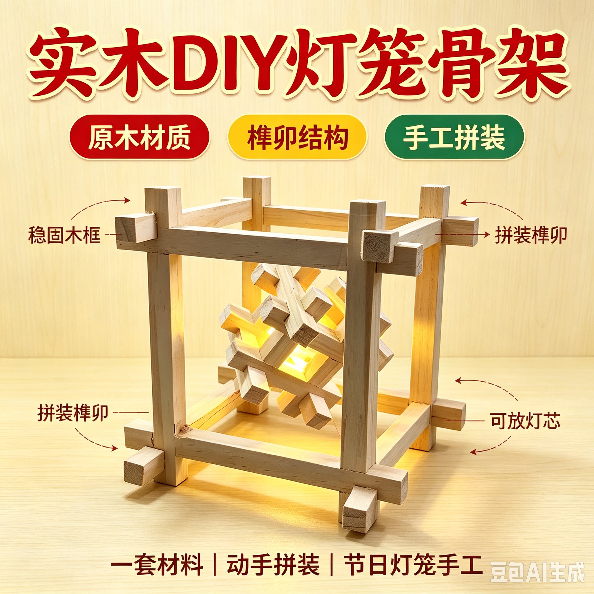 榫卯灯笼diy材料 儿童手工创意制作古风花灯传统榫卯夜灯套装