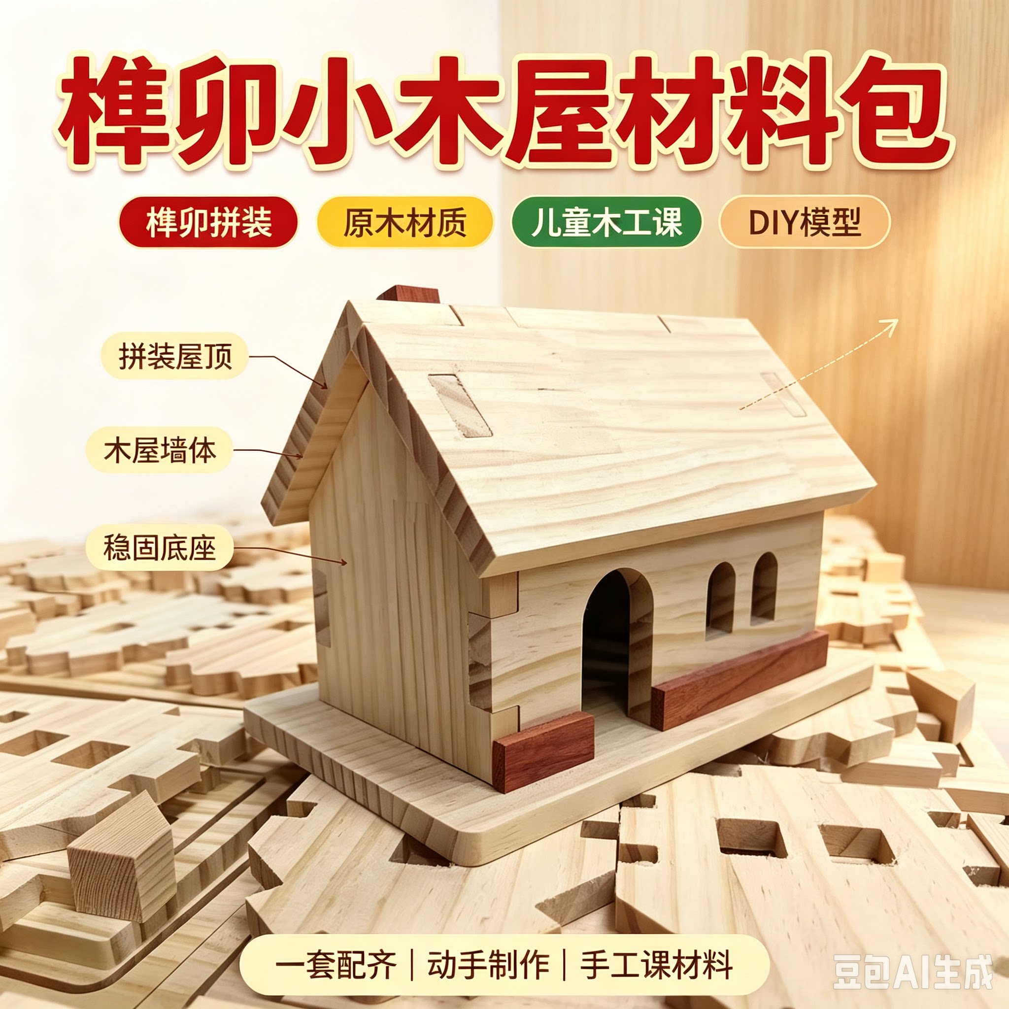 木工坊半成品材料包小学幼儿园手工课榫卯木房子木屋木锤组装diy