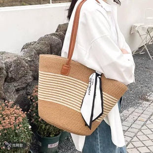 大容量編織條紋草編包女夏季 新款 百搭外貿(mào)大容量手提沙灘包托特包