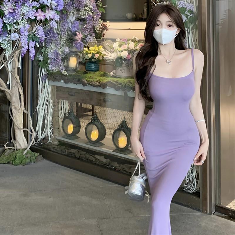 纯欲性感紫色吊带连衣裙女夏小个子演唱会修身后妈包臀鱼尾长裙子