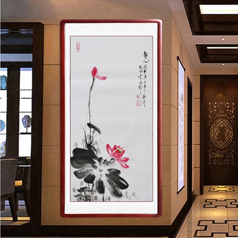 国画荷花卷轴装裱纯手绘真u迹客厅装饰画写意花鸟画定制卧室水墨图片