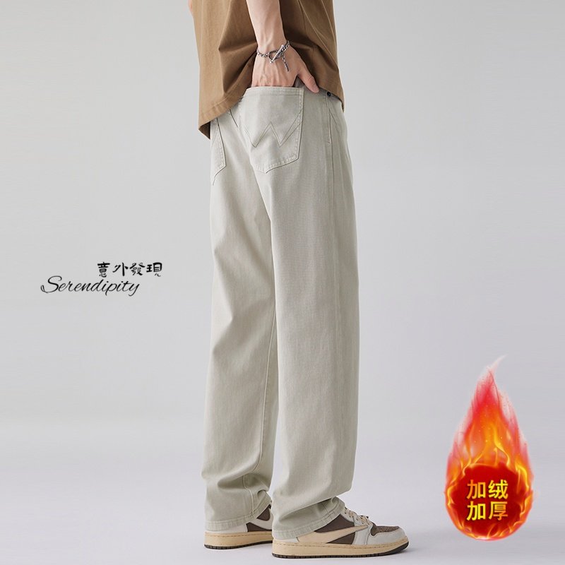 秋冬款米杏色加绒牛仔裤