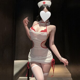 情调内衣性感护士制服女挂脖蕾丝边系带包臀裙角色扮演睡衣套装