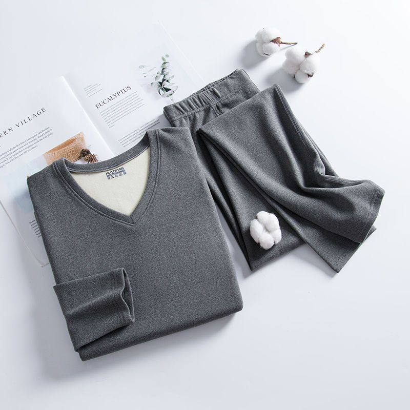 男士双面德绒保暖内衣套装恒温v领圆领不起球加绒秋衣秋裤棉毛衫