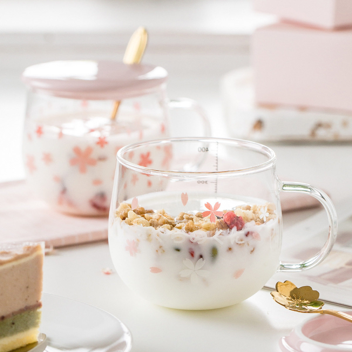 樱花玻璃杯高硼硅创意带把可爱马克杯女家用耐热透明花茶水杯,餐饮具,马克杯,淘宝优惠券,粉丝福利购,淘宝优惠卷