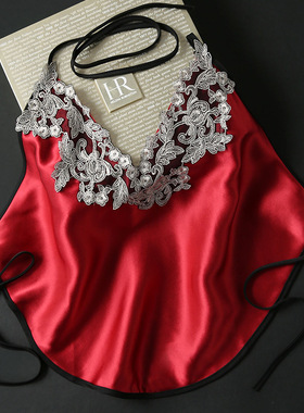 法国真丝刺绣肚兜女士100%桑蚕丝结婚喜庆夏季性感成人吊带围兜