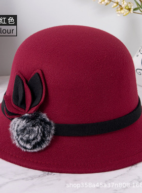 法国秋冬季女帽呢子毛球盆帽冬季礼帽妈妈帽子韩时装女帽棉帽冬帽