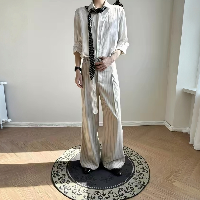 老钱风暗纹提花单褶条纹微喇西裤