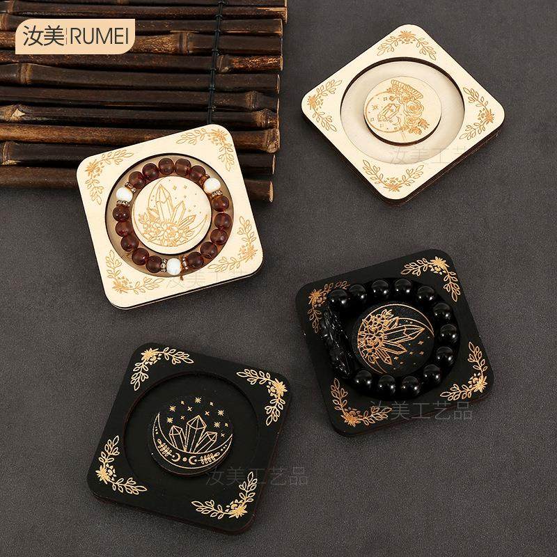 跨境木质串珠盘摆件创意美式装饰首饰展示架圆形手串盘木制工艺品