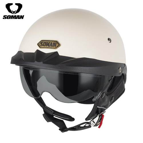 SOMAN摩托车机车半盔带内镜复古夏盔男女四季可调节头围DOT标