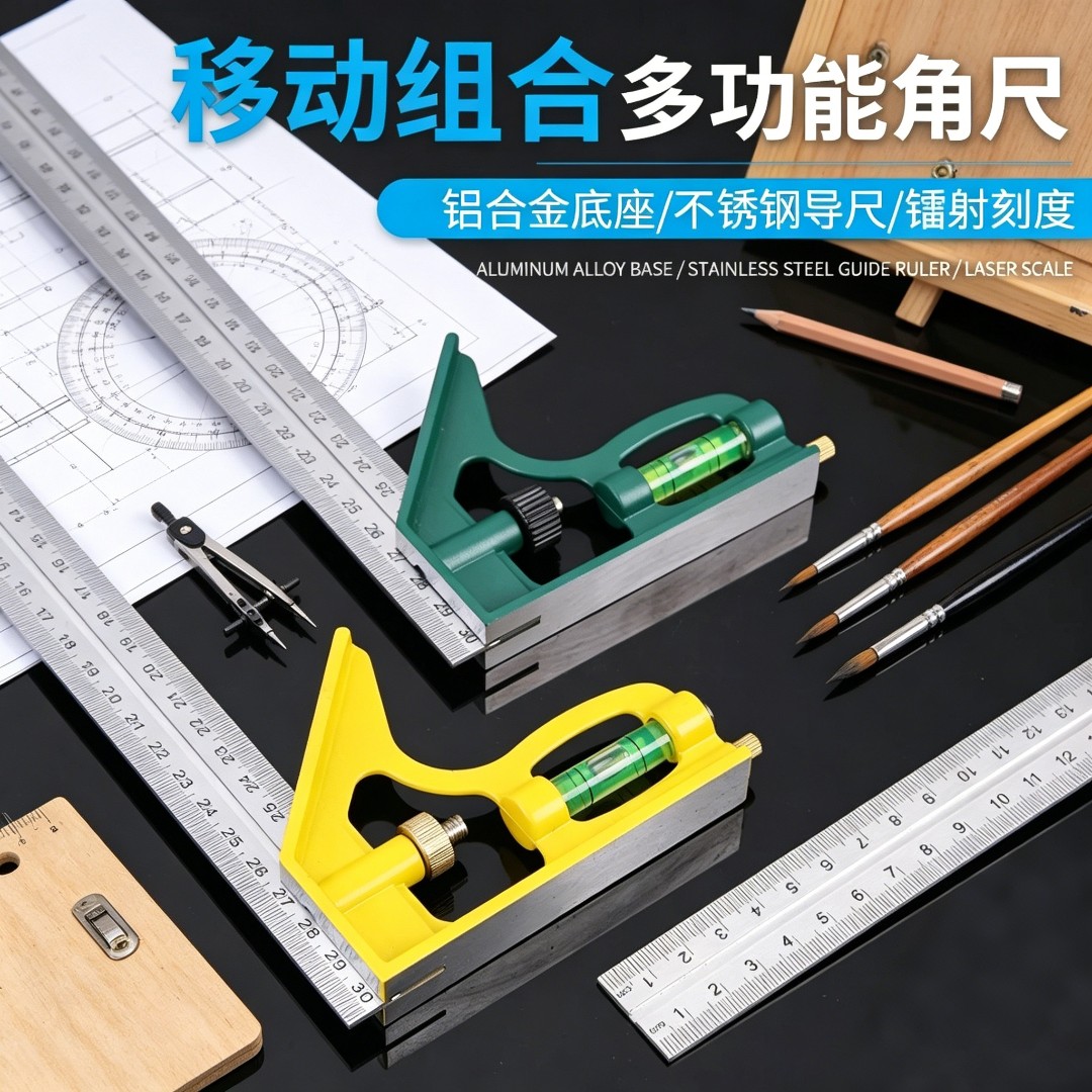 水平活动角尺多功能直角尺不锈钢组合角尺刻度尺木工工具90度尺子
