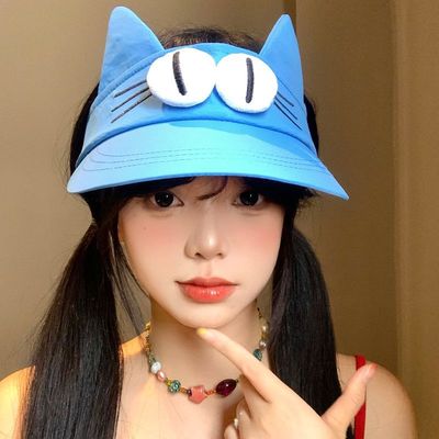 喵喵大眼仔卡通夏季防晒薄荷绿空顶帽子女百搭小猫耳朵速干遮阳帽