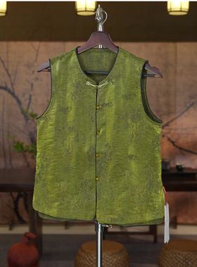 【兰亭集序马甲-绿色】双面穿新中式国风香云纱油丝提花圆领盘扣